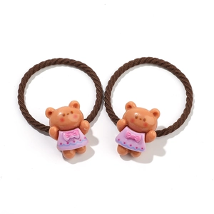 5-pair set of high-elastic kids hair ties with cute resin bear pendants in purple dresses
