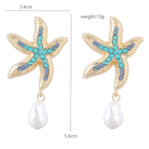 Detail showing starfish earrings dimensions 3.4cm width 5.6cm height with blue rhinestones