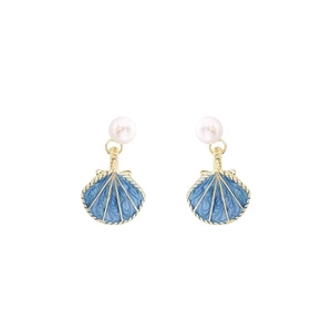 Elegant shell earrings featuring white pearls and blue enamel scallop charms with gold finish