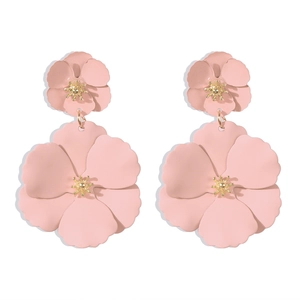 Pink double-layered flower drop earrings with golden core for summer bohemian beach style