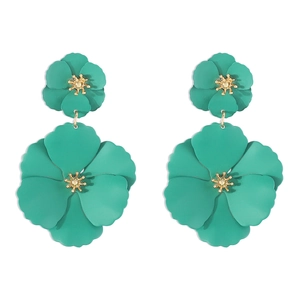 Detail of turquoise bohemian floral drop earrings with matte finish and gold centers