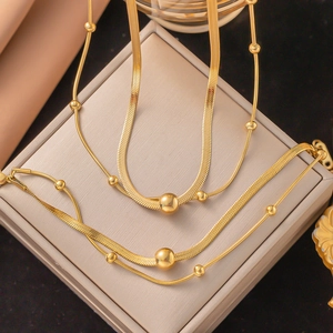 Bijoux Rétro Punk en Acier Titane Double Couche Chaîne Serpent Perles Collier Bracelet Cheville pour Femmes Or Argent