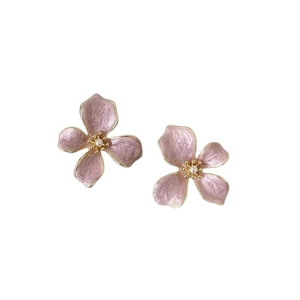 Elegante asymmetrische rosa Emaille-Blumenohrringe mit Perlen und Goldakzenten