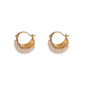 Elegant C-shaped golden hoop earrings featuring triple rows of micro pearls on white background
