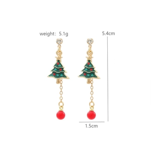 Detail of Christmas tree earrings with green enamel and measurements 5.4cm by 1.5cm