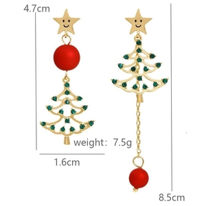 Detailed view of asymmetric Christmas tree earrings with dimensions and weight specs