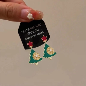 Christmas tree drop earrings with green enamel and red star on S925 silver card