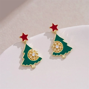 Christmas tree earrings with red stars and green enamel snowflakes with zircons