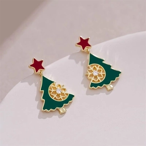 Christmas tree drop earrings with red star and gold snowflake crystal details