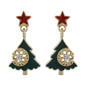 Christmas tree earrings with red stars, green enamel leaves and sparkling rhinestones