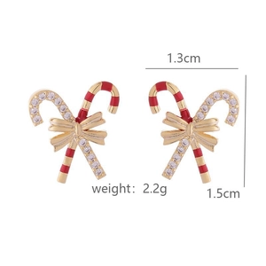 Detail of candy cane earrings with red enamel stripes and bow accents, 1.3cm x 1.5cm size