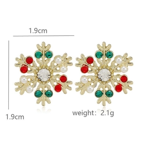 Macro detail of snowflake earrings with colorful stones and 1.9cm size dimensions