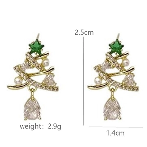 Detail of Christmas tree earrings with green star, pearls, and crystals, 2.5cm height