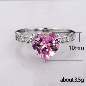 Luxury heart-shaped pink zircon engagement ring with micro-paved double band, 10mm stone