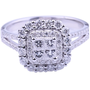 Macro shot of double halo princess cut zircon ring with split shank in silver finish
