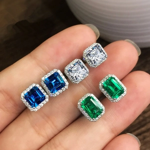Square Emerald Cut Zircon Stud Earrings Copper Halo Design Elegant Fashion Versatile Jewelry For Women Daily Wear