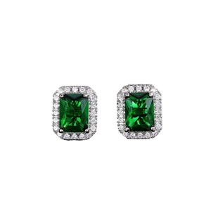 Exquisite square emerald green zircon stud earrings with silver-tone halo setting