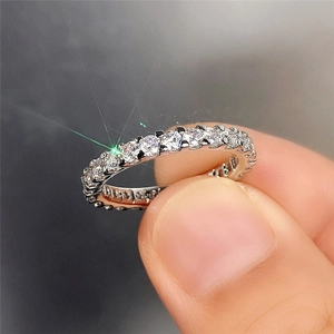 Detailed macro view of silver eternity ring featuring brilliant round cubic zirconia stones