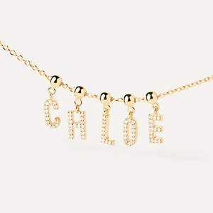 Golden necklace with CHLOE bubble letter pendant pave-set with sparkling white zircons