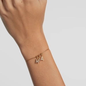 Personalized 18K gold plated letter bracelet featuring MIA initials with micro-pave zircons