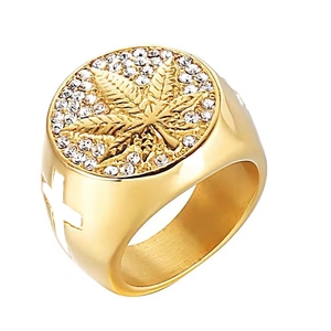 Bague hip hop dorée pour homme avec motif feuille d'érable et pierres en zircone