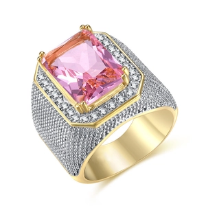 Luxury hip-hop style ring featuring a rectangular pink sapphire and pavé cubic zirconia