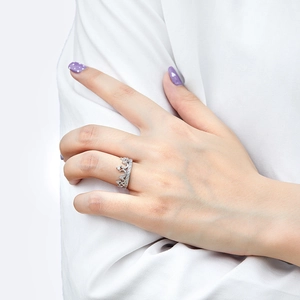 Detailaufnahme eines eleganten silbernen Kronenrings mit weißen Zirkonia an der Hand