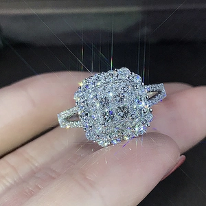 Elegant silver micro-pave zircon wedding ring with square multi-layer cluster design
