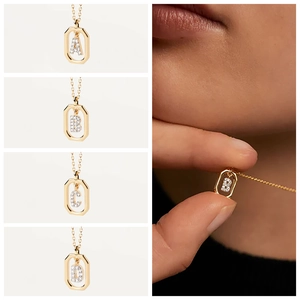 Gold plated octagon pendant necklace with zircon micro-paved letters A to D