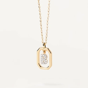 Gold plated pendant necklace featuring micro-pave zircon letter B inside an octagon