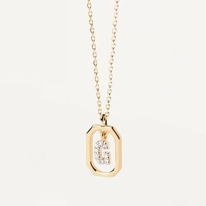 Gold plated pendant necklace featuring letter G with pavé zircon in octagonal frame