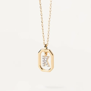 Gold plated octagon pendant necklace with zircon-encrusted letter K on a slim chain