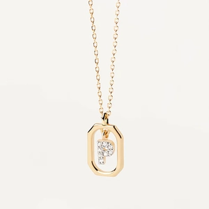Gold plated octagon pendant necklace with letter P and micro-paved zircon stones