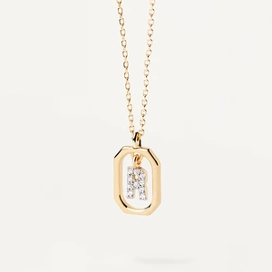Golden necklace with rectangular frame pendant featuring a micro-paved zircon letter R