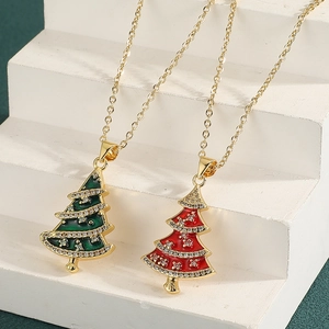 Westerse Mode Koper Vergulde Emaille Kerstboom Hanger Ketting Met Zirkonia Voor Vrouwen Vakantie Feest Sieraden Cadeau
