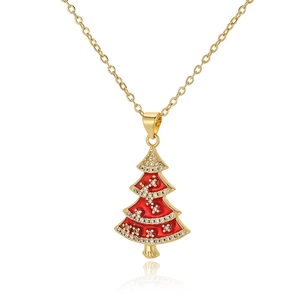 Kerstboom hanger ketting van rood emaille met goudlaagje en glanzende kristallen