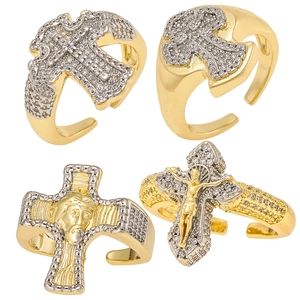 Anillo de Jesús Cruz de Cobre Circonia Anillo Abierto Ajustable Crucifijo Religioso Chapado en Oro Plata Joyería de Moda Regalo Mujer