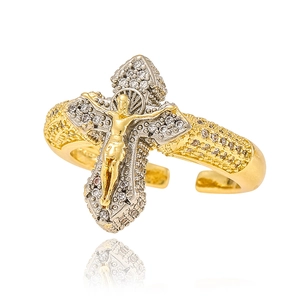 Anillo de cruz ajustable en cobre con circonitas y detalles de relieve de Jesús
