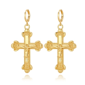 Boucles d'oreilles crucifix dorées avec détails perlés fins et finition polie miroir