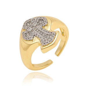 Anillo de cruz dorado ajustable para mujer con circonitas cúbicas blancas brillantes