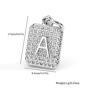 Detailed size view of square letter A pendant with zircons: 17mm height by 9.5mm width