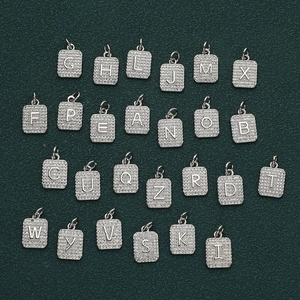 Luxury Copper Zirconia 26 English Alphabet Initial Pendant Square Shape Silver Tone Charm Jewelry Accessory For Women
