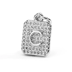 Detail shot of silver rectangular pendant with letter C and sparkling zircons