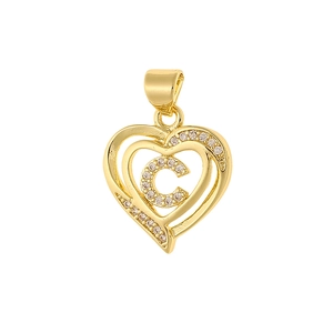 Detailed view of a gold heart pendant with cubic zirconia inlay and central letter C