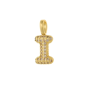 Vue détaillée du pendentif lettre I en or orné d'une double rangée de zircons brillants