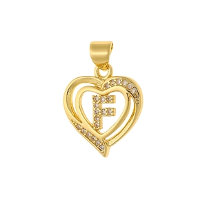 Detail of gold heart pendant with micro-paved cubic zirconia letter F and smooth bail