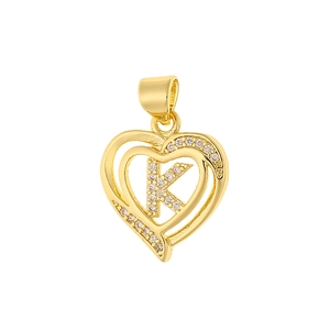 Detailed view of heart-shaped gold pendant with micro-pave cubic zirconia and letter K