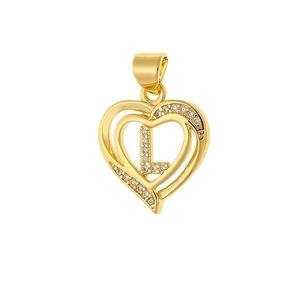 Macro view of gold heart pendant with letter L detail and micro-pave zirconia stones