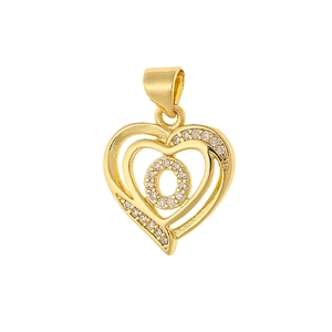 Close-up of golden heart pendant with micro-pave cubic zirconia and letter O detail