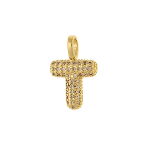 Détail du pendentif lettre T doré serti de zircons champagne avec bélière polie